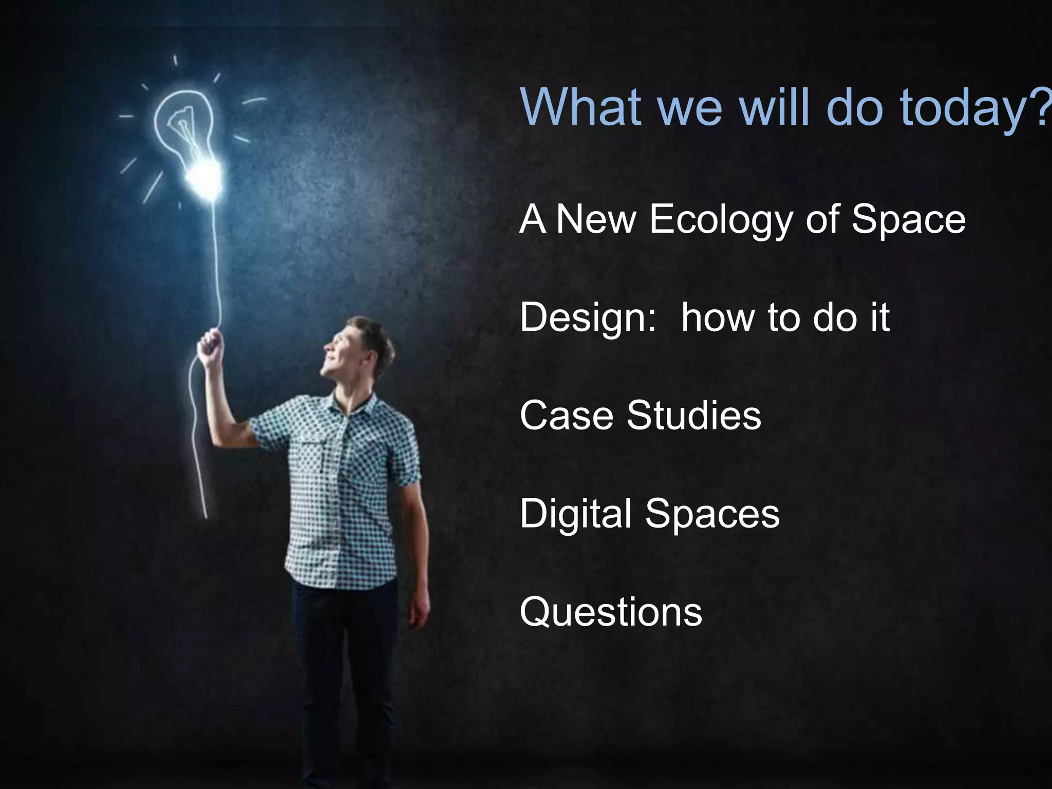 What we will do today?
Common vocabulary
Student Learning
Experience
Possibilities
Framework
What we will do today?
A New Ecology of Space
Design: how to do it
Case Studies
Digital Spaces
Questions