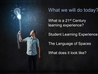 What we will do today?
Common vocabulary
Student Learning
Experience
Possibilities
Framework
What we will do today?
What is a 21st Century
learning experience?
Student Learning Experience
The Language of Spaces
What does it look like?
 
