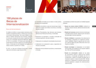 Memoria
ICEX
2012
138
6
Servicios de
formación
Becas de Internacionalización
Su objetivo es facilitar a un grupo selecto de jóvenes profe-
sionales una experiencia teórica y práctica de la economía
y el comercio internacionales. Tras cursar el Máster Univer-
sitario en Gestión Internacional de la Empresa, integrado
en el proceso de selección (de octubre a septiembre, título
propio de la Universidad Internacional Menéndez Pelayo),
en 2012 se concedieron 190 becas para desarrollar una
primera fase de formación práctica en las Oficinas Econó-
micas y Comerciales de las Embajadas de España en el
exterior, durante un periodo de 15 meses.
En 2012, un total de 94 Oficinas Económicas y Comer-
ciales de la red exterior acogió becarios ICEX.
Las actividades principales que se realizan en estos centros
de destino son las siguientes:
•	Realización de estudios y notas de mercado bajo la super-
visión del Consejero de la Oficina Económica y Comercial
del país de destino.
•	Servicios Personalizados, bajo demanda, para empresas
clientes de las Oficinas Económicas y Comerciales.
•	Preparación de respuestas a consultas comerciales de
empresas españolas y del país de destino.
•	Colaboración en la realización de actividades de promoción.
•	Colaboración en la preparación, apoyo y seguimiento de
misiones comerciales.
•	Elaboración de documentación económica y comercial sobre
el mercado.
Las actividades se orientan de acuerdo a la modalidad asignada
al becario:
•	Becario de comercio exterior (COMEX): confección de
estudios y notas de mercado, además de las labores antes
reseñadas.
•	Becario de inversiones: estudio de la economía del país
y de determinados sectores, desde el punto de vista de
los potenciales inversores españoles.
•	Becario multilateral: se especializa en las relaciones de
las empresas y consultorías con organismos de finan-
ciación multilateral. Realiza la segunda fase de la beca
en la sede de alguna de estas instituciones de las que
España es miembro.
•	Becario tecnológico: se especializan en las labores
promocionales que se realicen en los mercados objetivos
de un Plan de Promoción sectorial.
•	Becario de comunicación: colabora en las tareas
de comunicación externa e interna de las Oficinas
Económicas y Comerciales de España, así como en
la elaboración y difusión de noticias de interés para el
empresario español a través del portal ICEX. También
participa en la elaboración de artículos para las publi-
caciones periódicas o cualquier otro canal de comuni-
cación de ICEX.
190 plazas de
Becas de
Internacionalización
 