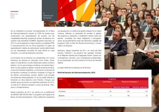 Memoria
ICEX
2012
139
6
Servicios de
formación
Se ha mantenido el proceso homogeneizador en la Beca
de Internacionalización iniciado en 2009 de manera que,
conservando una especialización de acuerdo con las
modalidades descritas, aumenta el número de efectivos con
carácter más polivalente (COMEX). Siguiendo esta línea, en
2012 no se ha asignado a ningún becario la modalidad PIPE
ni macroeconómica de una forma específica. El grado de
especialización relativa de cada becario vendrá determinado
por las necesidades concretas de cada Oficina en cada
momento, y no será de dedicación exclusiva.
La formación de los becarios se complementa con cursos
intensivos de idiomas en mercados como Rusia, China,
Japón o Corea del Sur, con alto interés para nuestro comercio
exterior o en los que la lengua constituye una barrera impor-
tante. En esos países se realizan, durante el periodo de beca,
cursos de inmersión lingüística. La formación en idiomas de
los becarios constituye un esfuerzo constante a lo largo de
las últimas convocatorias, aunque, debido a las actuales
circunstancias presupuestarias, no se ha podido atender la
formación en otros destinos como Polonia o Turquía, que
recibían apoyo económico en ediciones anteriores. En 2012,
un total de 27 becarios recibieron cursos de idiomas, inten-
sivos o complementarios.
Desde noviembre de 2011, se cuenta con la certificación
de AENOR UNE-EN ISO 9001 a la gestión del Programa de
Becas de Internacionalización. Esta certificación representa
Perfil del becario de Internacionalización, 2012
Sexo Programa
Internacionalización Informática Becas en Empresas (1)
Becarios disponibles Becarios asignados
Hombres 119 40 130 116
Mujeres 71 4 83 70
(1) Incluye becarios en Organismos Internacionales (15 becarios).
una apuesta por un sistema de gestión basado en la mejora
continua. Además, la necesidad de someter la gestión
del programa a evaluación y revalidación externa cada año
permite consolidar una mayor integración y homogenei-
zación de procedimientos entre tres elementos capitales del
programa: ICEX, la Red de Oficinas Económicas y Comer-
ciales y los becarios.
Asimismo, desde noviembre de 2011, en virtud del Real
Decreto 1493/2011, los becarios han quedado incluidos
en el Régimen General de la Seguridad Social. Cotizan por
contingencias comunes y por contingencias profesionales,
no por desempleo, así como tampoco al Fondo de Garantía
Salarial.
La edad media de los becarios es de 26 años.
 