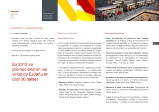 Memoria
ICEX
2012
16
2
Servicios de
apoyo a la
exportación
ALIMENTOS Y GASTRONOMÍA
•	10 planes sectoriales.
•	Sectores: aceite de oliva, aceituna de mesa, jamón
serrano, jamón ibérico, vinagre de Jerez, kaki, cereza del
Jerte, fresa-frambuesa, tomate canario, flor cortada y
plantas ornamentales.
•	Acciones de oportunidad con la gastronomía.
•	Más de 1.100 empresas participantes.
Planes macrosectoriales
Plan General de Vinos
En 2012, el Plan General de Promoción de los Vinos de España
ha desarrollado un programa de actividades en mercados
clave para la exportación del vino. La campaña, integrada bajo
la marca genérica de Vinos de España, difunde una imagen
global de marca-país, y resalta nuestra tradición vitivinícola y
la gran variedad de vinos de calidad existentes en España. Se
han llevado a cabo actividades en casi 30 países para ayudar a
incrementar las exportaciones de nuestras bodegas y difundir
una imagen de calidad y excelencia del vino español.
La estrategia se adapta a la situación coyuntural que atrave-
samos, a partir de la consensuada en un principio entre
ICEX y un grupo de expertos, representativo del sector vitivi-
nícola, que respaldaron el diseño de la imagen gráfica, los
programas y las acciones en cada uno de los mercados.
•	Mercados objetivo: Alemania, Estados Unidos, Países
Bajos, Reino Unido, Suecia y Suiza.
•	Mercados de oportunidad: Austria, Bélgica, Brasil, Canadá,
China, Corea del Sur, Dinamarca, Eslovenia, Finlandia,
Francia, Hong Kong, Irlanda, Italia, Japón, México, Noruega,
Polonia, Rusia, Singapur, Taiwán y Vietnam.
Actividades desarrolladas
•	Ferias de búsqueda de distribución para bodegas
españolas. Se han realizado un total de 13 muestras en 18
ciudades distintas, repartidas en 15 países, con la partici-
pación de 421 bodegas españolas. Algunas de estas activi-
dades se han coordinado con las Cámaras de Comercio.
•	Ferias de importadores y Días del Vino Español. Dirigidas
a bodegas que ya tienen distribución, se han desarrollado,
en colaboración con sus importadores, en nueve países:
Alemania, Estados Unidos, Irlanda, Japón, México,
Noruega, Reino Unido, Suecia y Suiza.
•	Promociones en puntos de venta y degustaciones en
cadenas de hostelería y restauración en Estados Unidos,
Alemania, Reino Unido y Suiza.
•	Acuerdos con escuelas de hostelería o de sumilleres para
impartir cursos de vino español en Alemania, Dinamarca,
Países Bajos, Reino Unido, Rusia, Suecia y Suiza.
•	Asistencia a ferias internacionales monográficas del
sector: Prowein, London Wine y Hong Kong International
Wine & Spirits Fair.
•	Visitas de prensa internacional especializada, sumilleres,
educadores y compradores a bodegas y zonas produc-
tivas de España: 11 visitantes en cuatro misiones inversas.
En 2012 se
promocionaron los
vinos de España en
casi 30 países
 