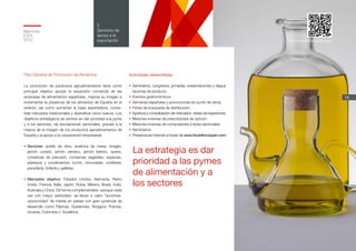 La estrategia es dar
prioridad a las pymes
de alimentación y a
los sectores
Memoria
ICEX
2012
18
2
Servicios de
apoyo a la
exportación
Plan General de Promoción de Alimentos
La promoción de productos agroalimentarios tiene como
principal objetivo apoyar la expansión comercial de las
empresas de alimentación españolas, mejorar su imagen e
incrementar la presencia de los alimentos de España en el
exterior; así como aumentar la base exportadora, conso-
lidar mercados tradicionales y diversificar otros nuevos. Los
objetivos estratégicos se centran en dar prioridad a la pyme
y a los sectores, vía asociaciones sectoriales, gracias a la
mejora de la imagen de los productos agroalimentarios de
España y al apoyo a la cooperación empresarial.
•	Sectores: aceite de oliva, aceituna de mesa, vinagre,
jamón curado, jamón serrano, jamón ibérico, queso,
conservas de pescado, conservas vegetales, especias,
aderezos y condimentos, turrón, chocolates, confitería,
panadería, bollería y galletas.
•	Mercados objetivo: Estados Unidos, Alemania, Reino
Unido, Francia, Italia, Japón, Rusia, México, Brasil, India,
Australia y China. De forma complementaria –aunque cada
vez con mayor asiduidad– se llevan a cabo “acciones-
oportunidad” de interés en países con gran potencial de
desarrollo como Filipinas, Guatemala, Singapur, Polonia,
Ucrania, Colombia o Sudáfrica.
Actividades desarrolladas
•	Seminarios, congresos, jornadas, presentaciones y degus-
taciones de producto.
•	Eventos gastronómicos.
•	Semanas españolas y promociones en punto de venta.
•	Ferias de búsqueda de distribución.
•	Apertura y consolidación de mercados: visitas de inspectores.
•	Misiones inversas de prescriptores de opinión.
•	Misiones inversas de compradores a ferias sectoriales.
•	Seminarios.
•	Presencia en Internet a través de www.foodsfromspain.com.
www.foodsfromspain.com
 