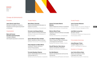 193
Memoria
ICEX
2012 Anexos
Consejo de Administración
Presidente
Jaime García-Legaz Ponce
Secretario de Estado de Comercio y
Presidente de ICEX España Exportación
e Inversiones
Vicepresidenta
María del Coriseo
González-Izquierdo Revilla
Consejera Delegada
ICEX España Exportación e Inversiones
Vocales Públicos
Marta Blanco Quesada
Directora del Gabinete del Secretario de
Estado de Comercio
Ministerio de Economía y Competitividad
Fernando José Burgaz Moreno
Director General de Industria Alimentaria
Ministerio de Agricultura, Alimentación y
Medio Ambiente
Ignacio Mezquita Pérez-Andújar
Director General de Política Económica
Ministerio de Economía y Competitividad
Pedro Alejandro de María Martín
Subdirector General Jefe de la
Oficina Presupuestaria
Ministerio de Industria, Energía y Turismo
Fernando Eguidazu Palacios
Director General Relaciones Económicas
Internacionales (R.E.I.)
Ministerio de Asuntos Exteriores y Cooperación
Antonio Fernández-Martos
Montero
Director General de Comercio e Inversiones
Ministerio de Economía y Competitividad
Mariano Muela Pareja
Subdirector General de Oficinas Comerciales
y Red Exterior
Ministerio de Economía y Competitividad
Luis Alberto Rodríguez Raposo
Director General de Telecomunicaciones
y Tecnología de la Información
Ministerio de Industria, Energía y Turismo
Rosa Mª Sánchez-Yebra Alonso
Directora de Gabinete del Ministro
Ministerio de Economía y Competitividad
Eva Valle Maestro
Directora del Departamento de Economía
Internacional
Oficina Económica del Presidente del Gobierno
Vocales Privados
Javier Carretero Manzano
Director General
Consejo Superior de Cámaras Oficiales de
Comercio, Industria y Navegación (CSC)
José María Lacasa Aso
Secretario General
Confederación Española de Organizaciones
Empresariales (CEOE)
Comunidades Autónomas
Josep Moragas I Freixa
Conseller Delegat d´ACC1Ó
ACC1Ó – Generalitat De Catalunya
Secretario no Consejero
Juan Carlos Alfonso Rubio
Director de la Asesoría Jurídica
y Secretario del Consejo
ICEX España Exportación e Inversiones
 