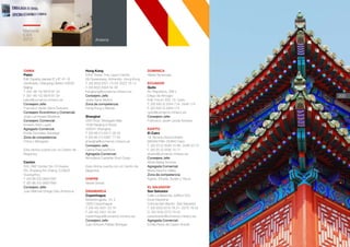 200
Anexos
Memoria
ICEX
2012
CHINA	
Pekín	
Edif. España, plantas 5ª y 6ª. A1- B
Gontinanlu, Chaoyang District 100020
Beijing	
T. (00- 86 10) 5879 97 33
F. (00- 86 10) 5879 97 34
pekin@comercio.mineco.es	
Consejero Jefe:	
Francisco Javier Serra Guevara	
Consejero Económico y Comercial:
José Luis Kaiser Moreiras	
Consejero Comercial:	
Ernesto Ríos Lopez
Agregado Comercial:	
Emilio González Santiago	
Zona de competencia:	
China y Mongolia.	
Esta oficina cuenta con un Centro de
Negocios.	
	
Cantón
503, R&F Center, No.10 Huaxia
Rd, Zhujiang Xin Cheng, 510623
Guangzhou
T. (00 86 20) 38927687
F. (00 86 20) 38927685
Consejero Jefe:
Juan Manuel Ortega Díaz-Ambrona
Hong Kong	
2004 Tower One, Lippo Centre,	
89 Queensway, Admiralty- Hong Kong
T. (00 852) 2521 74 33/ 2522 75 12
F. (00 852) 2845 34 48
hongkong@comercio.mineco.es
Consejero Jefe:	
Javier Sanz Muñoz
Zona de competencia:	
Hong Kong y Macao.
Shanghai	
25th Floor, Westgate Mall,
1038 Nanjing Xi Road	
200041 Shanghai 	
T. (00 86 21) 6217 26 20
F. (00 86 21) 6267 77 50
shanghai@comercio.mineco.es	
Consejero Jefe:	
Carlos Pascual Pons	
Agregada Comercial:	
Almudena Castañer Ruiz-Ocejo	
Esta oficina cuenta con un Centro de
Negocios.	
CHIPRE	
Véase Grecia	
	
DINAMARCA	
Copenhague	
Vesterbrogade, 10. 3	
1620 Copenhague	
T. (00 45) 3331 22 10
F. (00 45) 3321 33 90
copenhague@comercio.mineco.es
Consejero Jefe:	
Juan Antonio Peláez Bohigas	
DOMINICA	
Véase Venezuela	
	
ECUADOR	
Quito	
Av. República, 396 y
Diego de Almagro	
Edif. Forum 300, 10. Quito	
T. (00 593 2) 2544 716- 2546 174
F. (00 593 2) 2564 174
quito@comercio.mineco.es
Consejero Jefe:	
Francisco Javier Landa Aznarez
		
EGIPTO	
El Cairo	
19, Boulos Hanna Street-
MIDAN FINI– DOKKI Cairo	
T. (00 20 2) 3336 15 88- 3336 53 74
F. (00 20 2) 3336 15 77
elcairo@comercio.mineco.es	
Consejera Jefe:	
Alicia Varela Donoso	
Agregada Comercial:	
María Sancho Vallés	
Zona de competencia:	
Egipto, Etiopía, Sudán y Yibuti.	
	
EL SALVADOR	
San Salvador	
Calle La Mascota, edificio 533,
local mezanine
Colonia San Benito- San Salvador
T. (00 503) 2275 78 21- 2275 78 22
D. (00 503) 2275 78 23
sansalvador@comercio.mineco.es
Agregada Comercial:	
Emilia Pérez de Castro Antolín	
	
 