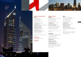 201
Anexos
Memoria
ICEX
2012
ESTADOS UNIDOS	
Chicago	
500 N. Michigan Avenue, Suite 1500.
Chicago, IIlinois 60611	
T. (00 1 312) 644 11 54
F. (00 1 312) 527 55 31
chicago@comercio.mineco.es	
Consejera Jefe:	
María Jesús Fernández García	
Zona de competencia:	
Dakota del Norte y del Sur, Illinois,
Indiana, Iowa, Kansas, Kentucky,
Michigan, Minnesota, Missouri,
Nebraska, Ohio y Wisconsin.	
	
Esta oficina cuenta con un Centro de
Negocios	
		
Los Ángeles	
1900, Avenue of the Stars. Suite 2430
Los Ángeles, California 90067	
T. (00 1 310) 277 51 25
F. (00 1 310) 277 51 26
losangeles@comercio.mineco.es
Consejero Jefe:	
Jorge Carlos Sanz Oliva
Agregado Comercial:
José Manuel Fresnillo Riesgo	
Zona de competencia:	
California, Washington, Utah, Oregón,
Montana, Idaho, Wyoming, Nevada,
Hawai, Arizona, Colorado, Nuevo
México y Alaska.	
Miami	
Trade Commission of Spain	
2655, Le Jeune Road. Suite 1114
Coral Gables, Florida 33134
T. (00 1 305) 446 43 87
F. (00 1 305) 446 26 02
miami@comercio.mineco.es	
Consejero Jefe:	
Mario Fernando Buisán García	
Agregado Comercial:
Luis Álvarez Ruiz	
Zona de competencia:	
Florida, Alabama, Arkansas, Georgia,
Luisiana, Texas, Misisipi, Oklahoma y
Tennessee.	
Esta oficina cuenta con un Centro de
Promoción de inversiones, industrias
culturales y hábitat.
EMIRATOS ÁRABES UNIDOS
Dubai	
P.O. Box 504929,
Emirates Towers Offices	
Level 26B, Dubai	
T. (00 971 4) 330 01 10
F. (00 971 4) 330 01 12
dubai@comercio.mineco.es	
Consejero Jefe:	
Jaime Montalvo Domínguez de la Torre
Agregada Comercial:	
Manuela García Pascual
Agregado Comercial:	
Luciano Cayetano González
López-Salazar	
Zona de competencia:	
Emiratos Árabes Unidos, Qatar,
Pakistán y Afganistán.	
Esta oficina cuenta con un Centro de
Negocios.	
ESLOVAQUIA	
Véase República Eslovaca	
	
ESLOVENIA	
Véase Austria	
	
 