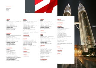 204
Anexos
Memoria
ICEX
2012
JAPÓN	
Tokio	
3Fl, 1- 3- 29, Roppongi, MINATO- KU
Tokyo 106- 0032	
T. (00 81 3) 5575 04 31
F. (00 81 3) 5575 64 31
tokio@comercio.mineco.es	
Consejero Jefe:	
Rafael Coloma Aramburu	
Agregado Comercial:	
Alejandro Nieto García
	
JORDANIA	
Ammán	
Shmeisani. Abed Al Hamid Sharaf St.
Strand Bldg., 1st Floor	
P.O. Box 927148- Amman
T. (00 962 6) 560 12 81/ 568 92 05
F. (00 962 6) 560 31 61
amman@comercio.mineco.es	
Agregado Comercial:	
Juan Cortés Ortega	
Zona de competencia:	
Jordania	
	
KAZAJSTÁN	
Almaty	
20, 1/2 Kazybek bi Str.	
Almaty 050010	
T. (00 7 727) 293 02 40
/ 293 02 66/ 293 02 67	
F. (00 7 727) 293 02 59	
almaty@comercio.mineco.es	
Consejera Economico y Comercial:
Cristina Santamaría García	
Zona de competencia:	
Kazajstán, Kirguistán y Tayikistán.	
	
KENIA	
Nairobi	
CBA Building Mara & Ragati Roads,	
Upperhill, P.O. Box 20961
00202 Nairobi	
T. (00 254 20) 2711 434/ 2714 111
F. (00 254 20) 2711 432
nairobi@comercio.mineco.es	
Consejero Jefe:	
José Jaime Bernárdez Gumiel	
Zona de competencia:	
Kenia, Uganda, Tanzania, Isla Mauricio
y Seychelles.	
	
KIRGUISTÁN	
Véase Kazajstán	
KUWAIT	
Surra, Block 3, St. 14, Bldg. 19
P.O. Box: 22207 SAFAT 13.083
T. (00 965) 2535 7438 -2532 5827
F. (00 965) 2535 7439
Agregado Comercial:
Francisco Javier Medina Gozalo
LAOS	
Véase Tailandia	
LESOTO	
Véase Sudáfrica	
LETONIA	
Véase Suecia	
	
LÍBANO	
Beirut	
Tabaris, Gebran Tueini Square,	
Ashada Bldg, 4th Floor- Beirut
T. (00 961 1) 3256 22/ 56 33/ 75 00
F. (00 961 1) 3332 03
beirut@comercio.mineco.es	
Agregado Comercial:	
Ricardo Fernández Calvo	
	
LIBERIA	
Véase Ghana
	
LIBIA	
Trípoli	
Wesait El- Ebdery- Zona Fashlum,	
P.O. Box 3572, Tripoli	
T. (00 218 21) 340 23 63/ 64/ 66/ 67
F. (00 218 21) 340 23 59
tripoli@comercio.mineco.es	
Consejero Jefe:	
José Luis García-Tapia Bello	
LITUANIA	
Vilnius	
Victoria Building	
Jasinskio 16B- 01112 Vilnius	
T. (00 370 5) 254 68 00/ 02
F. (00 370 5) 254 68 01
vilnius@comercio.mineco.es	
Agregada Comercial:	
Rosa Gutiérrez García
Zona de competencia:
Letonia.	
	
LUXEMBURGO	
Véase Bélgica	
MACAO	
Véase Hong Kong	
MACEDONIA	
Véase Bulgaria	
	
MALASIA	
Kuala Lumpur	
20th floor, Menara Boustead	
69, Jalan Raja Chulan
50200 Kuala Lumpur	
P.O. Box 11856
50760 Kuala Lumpur	
T. (00 60 3) 214 873 00
F. (00 60 3) 214 150 06
kualalumpur@comercio.mineco.es
Consejero Jefe:	
Luis María López Moreno	
Zona de competencia:	
Malasia y Brunei.	
Esta oficina cuenta con un Centro de
Negocios.	
MALI	
Véase Senegal	
	
MALDIVAS	
Véase India	
MALTA	
Véase Italia	
 