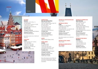 206
Anexos
Memoria
ICEX
2012
POLONIA	
Varsovia	
Genewska, 16- P.O. Box 111	
03- 963 Warsaw	
T. (00 48 22) 617 94 08/ 617 63 88
F. (00 48 22) 617 29 11
varsovia@comercio.mineco.es	
Consejera Jefe:	
Rocío Frutos Ibor	
Consejero Comercial:	
Juan Antonio García-Denche Navarro
Agregada Comercial:	
Paloma Mantilla Martínez	
Esta oficina cuenta con un Centro de
Negocios.	
	
PORTUGAL	
Lisboa	
Campo Grande, 28- 2º A/ B/ E	
1700- 093 Lisboa	
T. (00 351) 217 817 640
F. (00 351) 217 966 995
lisboa@comercio.mineco.es
Consejero Jefe:	
Walden Fernández Lobo
	
PUERTO RICO	
San Juan de Puerto Rico	
Edificio Capital Center I.	
239, Avda. Arterial Hostos. Suite 705
San Juan, 00918- 1476	
P.O. Box 193179
San Juan 00919- 3179	
T. (00 1787) 758 63 45
F. (00 1787) 758 69 48
sanjuan@comercio.mineco.es
Consejero Jefe:	
Andrés Salinero Barbolla
Zona de competencia:	
Puerto Rico e Islas Vírgenes
Norteamericanas.	
	
QATAR	
Véase Emiratos Árabes Unidos	
	
REINO UNIDO	
Londres	
66, Chiltern Street.	
London W1U 4LS	
T. (00 44 20) 7467 23 30
F. (00 44 20) 7224 64 09- 74 87
londres@comercio.mineco.es
Consejero Jefe:	
José Antonio Zamora Rodríguez	
Consejero Comercial:	
Rafael Jaén Tapiola (Soivre)	
Agregada Comercial:	
Carmen Sanz Castrillo	
Esta oficina dispone de un Centro de
Promoción de alimentación, bienes
de consumo, inversiones y productos
industriales.
REPÚBLICA CENTROAFRICANA
Véase Nigeria	
	
REPÚBLICA CHECA	
Praga	
Stepánská, 10. 12000 Praha 2	
T. (00 420) 224 941 255/
56/ 57/ 58/ 59/ 60
F. (00 420) 224 941 115/ 224 941 226
praga@comercio.mineco.es	
Consejero Jefe:	
Alejandro Huerta Quintero	
Agregada Comercial:	
Montserrat Carrasco Morales
Esta oficina cuenta con un Centro de
Negocios.	
	
REPÚBLICA DEL CONGO	
Véase Angola	
	
REPÚBLICA DEMOCRÁTICA
DEL CONGO	
Véase Angola	
	
REPÚBLICA DOMINICANA	
Santo Domingo	
Avda. Winston Churchill,
esq. Luis F. Thomen	
Torre BHD, 4ª piso.
Sector Evaristo Morales	
Apartado 1822- Santo Domingo
T. (00 1809) 567 56 82
F. (00 1809) 542 60 26
santodomingo@comercio.mineco.es
Consejera Jefe:	
Mónica Vázquez García	
Zona de competencia:
República Dominicana, Haití y
Jamaica.	
	
REPÚBLICA ESLOVACA	
Bratislava	
Prepóstská, 10.	
81101 Bratislava	
T. (00 421 2) 5441 57 30
F. (00 421 2) 5441 58 30
bratislava@mcx.es	
Agregado Comercial:
Carlos Padilla Carballada	
	
 