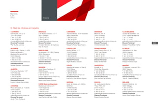 Memoria
ICEX
2012
209
Anexos
6. Red de oficinas en España
A CORUÑA
San Andrés, 143. 2º D
15071 A Coruña
T. 981 21 71 60	
F. 981 20 85 58	
coruna.dp@comercio.mineco.es
Directora Provincial:
Pilar Muñoz Juncosa
ALICANTE
Edificio Este – Planta 1ª – CD3
Puerto de Alicante –
Muelle de Poniente IFCM
03001 Alicante
T. 965 14 52 89
F. 965 20 31 66
alicante@comercio.mineco.es
Director Provincial:
Vicente Roncero Corrochano
ALMERÍA
Hermanos Machado, 4. 5º
04071 Almería
T. 950 28 16 90
F. 950 25 85 48
almeria@comercio.mineco.es
Directora Provincial:
Leonor Palacio García-Nieto
ASTURIAS
Plaza de España, 5. 1ª planta
33007 Oviedo
T. 985 96 31 19
F. 985 27 24 10
oviedo@comercio.mineco.es
Director Territorial:
Javier Parra Rodríguez
BADAJOZ
Luis Álvarez Lencero, 3. 7º 7
06011 Badajoz	
T. 924 22 92 12
F. 924 23 96 52
badajoz@comercio.mineco.es
Director Territorial:
R. Carlos Montero de Espinosa
Díaz de Tejada
BARCELONA
Vía Augusta, 197-199. 2ª planta
08021 Barcelona
T. 93 202 71 00
F. 93 202 71 01/ 02
barcelona@comercio.mineco.es
Director Territorial:
Alberto Alonso Díaz
BURGOS	
Avda. Reyes Católicos, 22.
09005 Burgos
T. 947 25 68 11/ 12/ 13
F. 947 25 04 42
burgos.dp@comercio.mineco.es
Directora Provincial:
María Luisa García Güemes
CÁDIZ (Sede en Algeciras)
Muelle Juan Carlos I, s/n.
11207 Algeciras
T. 956 58 74 26
F. 956 63 19 81
algeciras.dp@comercio.mineco.es
Director Provincial:
José Ramón del Valle Portillo
CANTABRIA
Juan de Herrera, 19. 6º Izquierda
39001 Santander
T. 942 36 76 01
F. 942 36 43 55
santander@comercio.mineco.es
Directora Territorial:
Margarita Rivera Tapia-Ruano
CASTELLÓN
Huerto de Mas, 1. 7º
12002 Castellón
T. 964 72 28 30
F. 964 23 54 81
castellon@comercio.mineco.es
Director Provincial:
Ángel Abelleira Zataraín
CEUTA
Agustina de Aragón, 4. Bajo B
51001 Ceuta
T. 956 52 48 38
F. 956 51 86 45
ceuta@comercio.mineco.es
Director Provincial:
Francisco José Alfonso Aguirre
GERONA
Avda. de Europa, s/n. Edificio
SECFISA
17469 Vilamalla
T. 972 52 72 80
F. 972 52 55 38
gerona.dp@comercio.mineco.es
Director Provincial:
Manuel Altamira Alegre
GRANADA
Mesones, 26. 3ª
18001 Granada
T. 958 53 65 87
F. 958 25 71 09
granada.dp@comercio.mineco.es
Director Provincial:
Andrés Santaella Alba
GRAN CANARIA
Avda. Franchy Roca, 5. 3º
35007 Las Palmas
T. 928 47 26 55
F. 928 27 89 75
laspalmas@comercio.mineco.es
Director Territorial:
Rafael Molina Petit
GUIPÚZCOA
Etxaide, 6. 4ª
20004 San Sebastián
T. 943 42 68 36
F. 943 22 62 42
sansebastian@comercio.mineco.es
Directora Provincial:
Ana González de la Presa
HUELVA
Av. José Leandro Muñoz
“Pepe Pirfo”, 4-6
21001 Huelva
T. 959 54 14 77
F. 959 25 56 22
huelva.dp@comercio.mineco.es
Director Provincial:
Fausto Andrés Gómez
ILLES BALEARS
Ciudad de Querétaro, s/n.
07007 Palma de Mallorca
T. 971 77 49 84
F. 971 77 18 81	
palma@comercio.mineco.es
Director Territorial:
Esteban Pérez Brian-Hafner
LA RIOJA
Villamediana, 16. Bajo
26003 Logroño
T. 941 27 18 90
F. 941 25 63 53
logroño@comercio.mineco.es
Director Territorial:
Enrique Fontana Llopis
MADRID
C/ Albacete, 5 planta 6ª Sur
28027 Madrid
T. 91 603 78 09
F. 91 603 88 75
madrid@comercio.mineco.es
Director Territorial:
Juan R. Calabozo Morán
MÁLAGA
Estación Marítima, s/n.
29001 Málaga
T. 952 12 26 01
F. 952 22 62 42
malaga.dp@comercio.mineco.es
Director Provincial:
Arturo David Magno Gómez
 
