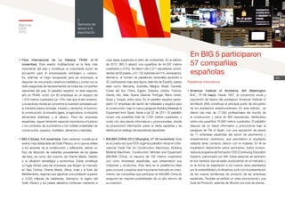 Memoria
ICEX
2012
45
2
Servicios de
apoyo a la
exportación
•	Feria Internacional de La Habana, FIHAV (4-10
noviembre). Este evento multisectorial es la feria más
importante del país y constituye un importante punto de
encuentro para el empresariado extranjero y cubano.
Es, además, el mejor escaparate para las empresas, al
disponer de una amplia cobertura mediática y contar con la
visita asegurada de representantes de todas las compañías
relevantes del país. El pabellón español, en este segundo
año en FIHAV, contó con 80 empresas en un espacio de
1.916 metros cuadrados (un 10% más que el año anterior).
Los sectores donde se concentra la inversión extranjera son
la industria básica (energía, minería y cemento), el turismo,
la construcción, la industria ligera, la agricultura, la industria
alimentaria (bebidas) y el tabaco. Para las empresas
españolas, siguen teniendo especial importancia el turismo
y los contratos de suministros a los hoteles (materiales de
construcción, equipos, mobiliario, alimentos y bebidas).
•	BIG 5 (Dubai, 5-8 noviembre). Este certamen constituye el
evento más destacable del Golfo Pérsico, en lo que se refiere
a los sectores de la construcción y edificación, siendo un
foco de atracción de visitantes procedentes de los países
del área, así como del conjunto de Oriente Medio. Debido
a su situación estratégica y económica, Dubai constituye
un lugar idóneo para las empresas que tengan su mercado
en Asia Central, Oriente Medio, África, India y el Este del
Mediterráneo, regiones que aglutinan una población superior
a 2.000 millones de habitantes. Asimismo, la región del
Golfo Pérsico y los países aledaños continúan creciendo a
unas tasas superiores al resto de continentes. En la edición
de 2012, BIG 5 abarcó una superficie de 44.297 metros
cuadrados (+3,5%). Se dieron cita 2.371 expositores, proce-
dentes de 60 países, y 61.132 visitantes (el 41%, extranjeros).
Asimismo, el número de pabellones nacionales ascendió a
32, participando bajo esta figura, además de España, países
tales como Alemania, Australia, Bélgica, Brasil, Canadá,
Corea del Sur, China, Egipto, Estados Unidos, Francia,
Grecia, Irán, Italia, Nueva Zelanda, Portugal, Reino Unido,
Suiza y Turquía, entre otros. En el pabellón español partici-
paron 57 empresas del sector de materiales y equipos para
la construcción, bajo la marca paraguas Building Materials &
Equipment from Spain, frente a las 52 de 2011. El pabellón
ocupó una superficie total de 1.032 metros cuadrados, y
contó con dos stands informativos y promocionales, donde
se proporcionó información sobre la oferta española y se
distribuyó el catálogo de expositores españoles.
•	BAUMA CHINA 2012 (Shanghai, 27-30 noviembre). Esta
es la cuarta vez que ICEX organiza pabellón oficial en Inter-
national Trade Fair for Construction Machinery, Building
Material Machines, Construction Vehicles and Equipment
(BAUMA China), un espacio de 162 metros cuadrados
con ocho empresas españolas, que presentaron sus
máquinas y productos. Esta feria es la plataforma ideal
para conocer y explorar este importante mercado en creci-
miento: las compañías que participan en BAUMA China se
aseguran las mejores posibilidades de un alto retorno de
su inversión.
Pabellones informativos
•	American Institute of Architects, AIA (Washington
D.C., 17-19 mayo). Desde 1857, la convención anual y
exposición de diseño del prestigioso American Institute of
Architects (AIA) constituye el principal punto de encuentro
de los arquitectos estadounidenses. En esta edición, se
dieron cita más de 17.000 profesionales del mundo de
la construcción y cerca de 800 expositores, distribuidos
sobre una superficie 18.900 metros cuadrados. El pabellón
dispuso de un stand informativo y promocional bajo el
paraguas de Tile of Spain, con una exposición de piezas
de 11 empresas españolas del sector de pavimentos y
revestimientos cerámicos, que permitieron al arquitecto
visitante tener contacto directo con el material. En él se
impartieron diariamente varios seminarios, todos incorpo-
rados al programa de formación CES (Continuing Education
System), patrocinado por AIA. Estas sesiones se centraron
en los cambios que se están produciendo en el mercado y
en la forma de adaptación a los nuevos retos planteados
por la sostenibilidad y la eficiencia, junto con la presentación
de las nuevas tendencias de producto de las empresas
españolas. También se exhibió un vídeo promocional y una
Guía de Producto, además de difundir una nota de prensa.
En BIG 5 participaron
57 compañías
españolas
 