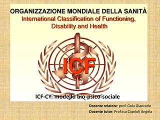 ICF-CY: modello bio-psico-sociale
Docente relatore: prof. Gula Giancarlo
Docente tutor: Prof.ssa Caprioli Angela
 