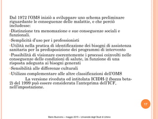 Dal 1972 l’OMS iniziò a sviluppare uno schema preliminare
riguardante le conseguenze delle malattie, e che perciò
includesse:
oDistinzione tra menomazione e sue conseguenze sociali e
funzionali.
oSemplicità d’uso per i professionisti
oUtilità nella pratica di identificazione dei bisogni di assistenza
sanitaria per la predisposizione dei programmi di intervento
oPossibilità di visionare coerentemente i processi coinvolti nelle
conseguenze delle condizioni di salute, in funzione di una
risposta adeguata ai bisogni generati
oSensibilità alle differenze culturali
oUtilizzo complementare alle altre classificazioni dell’OMS
La versione riveduta ed intitolata ICIDH-2 (bozza beta-
2) del 1999 può essere considerata l’anteprima dell’ICF,
nell’impostazione.
17
Mario Buonvino – maggio 2015 – Università degli Studi di Urbino
 