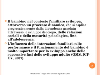  Il bambino nel contesto familiare sviluppa,Il bambino nel contesto familiare sviluppa,
attraverso un processo dinamicoattraverso un processo dinamico, che si esplica, che si esplica
progressivamente dalla dipendenza assolutaprogressivamente dalla dipendenza assoluta
attraverso lo sviluppo del corpo,attraverso lo sviluppo del corpo, delle relazionidelle relazioni
sociali e della maturità psicologica, finosociali e della maturità psicologica, fino
all’adolescenza.all’adolescenza.
 L’influenza delle interazioni familiari sulleL’influenza delle interazioni familiari sulle
performance e il funzionamento del bambino èperformance e il funzionamento del bambino è
molto importante per lo sviluppo anche dellemolto importante per lo sviluppo anche delle
successive fasi dello sviluppo adulto (OMS, ICF-successive fasi dello sviluppo adulto (OMS, ICF-
CY, 2007).CY, 2007).
26
NicoleBianquin-Pavia18ottobre2011
Mario Buonvino – maggio 2015 – Università degli Studi di Urbino
 