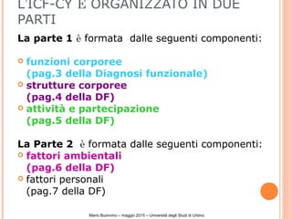 L’ICF-CY È ORGANIZZATO IN DUE
PARTI
La parte 1 è formata dalle seguenti componenti:
 funzioni corporee
(pag.3 della Diagnosi funzionale)
 strutture corporee
(pag.4 della DF)
 attività e partecipazione
(pag.5 della DF)
La Parte 2 è formata dalle seguenti componenti:
 fattori ambientali
(pag.6 della DF)
 fattori personali
(pag.7 della DF)
Mario Buonvino – maggio 2015 – Università degli Studi di Urbino
 