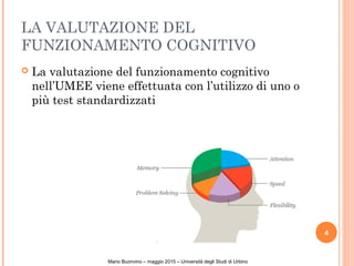 LA VALUTAZIONE DEL
FUNZIONAMENTO COGNITIVO
 La valutazione del funzionamento cognitivo
nell’UMEE viene effettuata con l’utilizzo di uno o
più test standardizzati
4
Mario Buonvino – maggio 2015 – Università degli Studi di Urbino
 