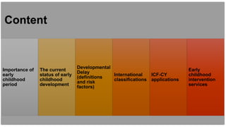 Content
Importance of
early
childhood
period
The current
status of early
childhood
development
Developmental
Delay
(definitions
and risk
factors)
International
classifications
ICF-CY
applications
Early
childhood
intervention
services
 