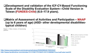 Development and validation of the ICF-CY-Based Functioning
Scale of the Disability Evaluation System—Child Version in
Taiwan (FUNDES-Child) (6.0–17.9 years).
Matrix of Assessment of Activities and Participation – MAAP
(up to 6 years of age) (ASD- other developmental disabilities-
typical children)
http://www.sciencedirect.com/science/article/pii/S092966461500354X
http://www.tandfonline.com/doi/abs/10.3109/17518423.2013.806963?journalCode=ipdr20
 