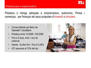 Préstecs o lísings adreçats a emprenedors, autònoms, Pimes i
comerços, per finançar els seus projectes d’inversió o circulant.
Préstecs per a emprenedors
• Comercialitzats per Banc de
Sabadell i CaixaBank
• Préstecs entre 10.000€ i 100.000€
• Fins a 5 anys, amb 1 any de
carència
• Interés: Euribor 6m + fins el 3,95%
• ICF assumeix el 70% del risc
 