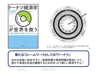 新たなフレームワークとしての「ドーナツ」
GDPの成長に依存せずに、貧困問題や環境問題を解決しつつ、
豊かで幸福な社会を構築するためのまったく新しい経済モデル！
2020年11月 安田洋祐｜大阪大学 4
 