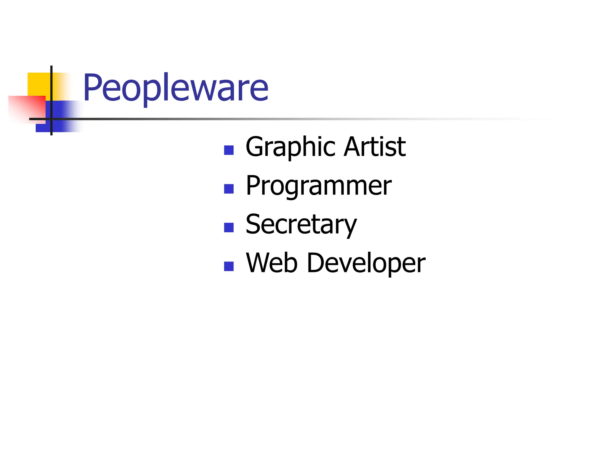 Peopleware
 Graphic Artist
 Programmer
 Secretary
 Web Developer
 