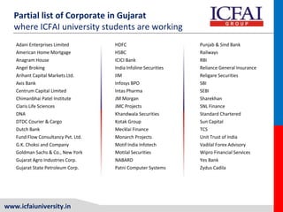 www.icfaiuniversity.in
Partial list of Corporate in Gujarat
where ICFAI university students are working
Adani Enterprises Limited
American Home Mortgage
Anagram House
Angel Broking
Arihant Capital Markets Ltd.
Axis Bank
Centrum Capital Limited
Chimanbhai Patel Institute
Claris Life Sciences
DNA
DTDC Courier & Cargo
Dutch Bank
Fund Flow Consultancy Pvt. Ltd.
G.K. Choksi and Company
Goldman Sachs & Co., New York
Gujarat Agro Industries Corp.
Gujarat State Petroleum Corp.
HDFC
HSBC
ICICI Bank
India Infoline Securities
IIM
Infosys BPO
Intas Pharma
JM Morgan
JMC Projects
Khandwala Securities
Kotak Group
Mecklai Finance
Monarch Projects
Motif India Infotech
Motilal Securities
NABARD
Patni Computer Systems
Punjab & Sind Bank
Railways
RBI
Reliance General Insurance
Religare Securities
SBI
SEBI
Sharekhan
SNL Finance
Standard Chartered
Sun Capital
TCS
Unit Trust of India
Vadilal Forex Advisory
Wipro Financial Services
Yes Bank
Zydus Cadila
 