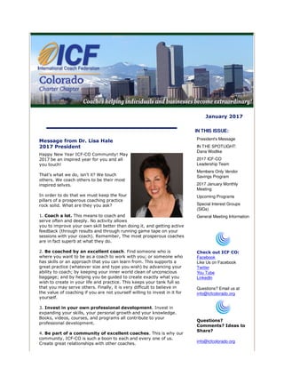 January 2017
Message from Dr. Lisa Hale
2017 President
Happy New Year ICF-CO Community! May
2017 be an inspired year for y...