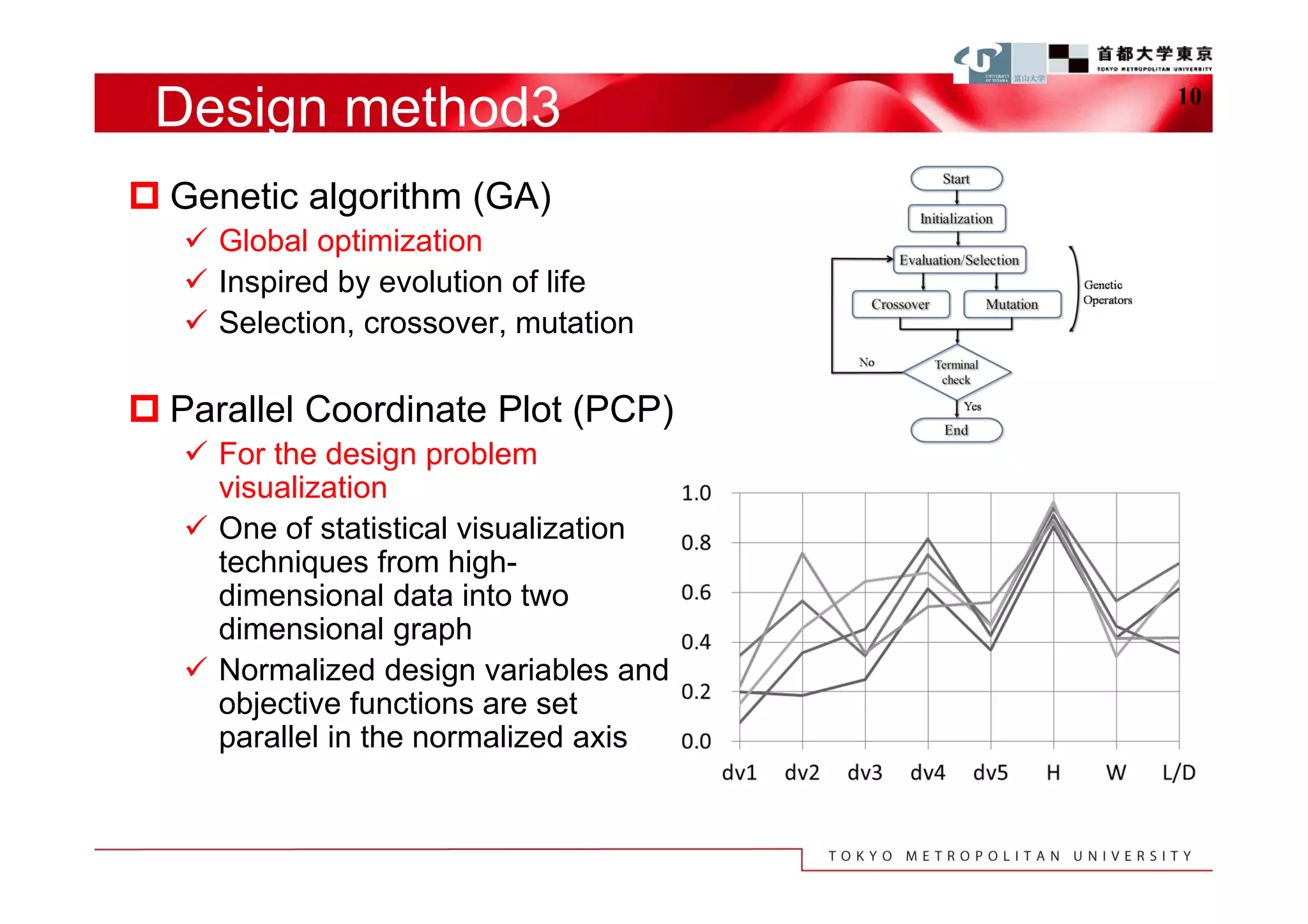 Design method3                         10



 Genetic algorithm (GA)
    Global optimization
    Inspired by evolution of life
    Selection, crossover, mutation

 Parallel Coordinate Plot (PCP)
    For the design problem
     visualization
    One of statistical visualization
     techniques from high-
     dimensional data into two
     dimensional graph
    Normalized design variables and
     objective functions are set
     parallel in the normalized axis
 