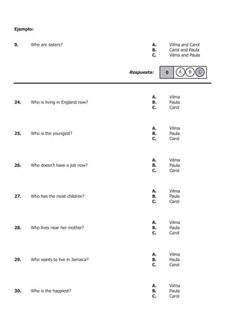 Ejemplo:
0.	 Who are sisters?						 A. 	 Vilma and Carol
								 B. 	 Carol and Paula
								 C. 	 Vilma and Paula
Respuesta: A B C0
								 A. 	 Vilma
24.	 Who is living in England now?				 B.	 Paula
								 C.	 Carol
								 A. 	 Vilma
25.	 Who is the youngest?					 B.	 Paula
								 C.	 Carol
								 A. 	 Vilma
26.	 Who doesn’t have a job now?				 B.	 Paula
								 C.	 Carol
								 A. 	 Vilma
27.	 Who has the most children?				 B.	 Paula
								 C.	 Carol
								 A. 	 Vilma
28.	 Who lives near her mother?				 B.	 Paula
								 C.	 Carol	
								 A. 	 Vilma
29.	 Who wants to live in Jamaica?				 B.	 Paula
								 C.	 Carol	
								 A. 	 Vilma
30.	 Who is the happiest?					 B.	 Paula
								 C.	 Carol
 
