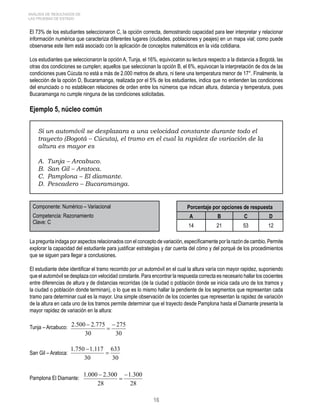 ANÁLISIS DE RESULTADOS DE 
LAS PRUEBAS DE ESTADO 
El 73% de los estudiantes seleccionaron C, la opción correcta, demostrando capacidad para leer interpretar y relacionar 
información numérica que caracteriza diferentes lugares (ciudades, poblaciones y peajes) en un mapa vial; como puede 
observarse este ítem está asociado con la aplicación de conceptos matemáticos en la vida cotidiana. 
Los estudiantes que seleccionaron la opción A, Tunja, el 16%, equivocaron su lectura respecto a la distancia a Bogotá, las 
otras dos condiciones se cumplen; aquellos que seleccionan la opción B, el 6%, equivocan la interpretación de dos de las 
condiciones pues Cúcuta no está a más de 2.000 metros de altura, ni tiene una temperatura menor de 17°. Finalmente, la 
selección de la opción D, Bucaramanga, realizada por el 5% de los estudiantes, indica que no entienden las condiciones 
del enunciado o no establecen relaciones de orden entre los números que indican altura, distancia y temperatura, pues 
Bucaramanga no cumple ninguna de las condiciones solicitadas. 
Ejemplo 5, núcleo común 
Si un automóvil se desplazara a una velocidad constante durante todo el 
trayecto (Bogotá – Cúcuta), el tramo en el cual la rapidez de variación de la 
altura es mayor es 
A. Tunja – Arcabuco. 
B. San Gil – Aratoca. 
C. Pamplona – El diamante. 
D. Pescadero – Bucaramanga. 
Componente: Numérico – Variacional Porcentaje por opciones de respuesta 
Competencia: Razonamiento A B C D 
Clave: C 14 21 53 12 
La pregunta indaga por aspectos relacionados con el concepto de variación, específicamente por la razón de cambio. Permite 
explorar la capacidad del estudiante para justificar estrategias y dar cuenta del cómo y del porqué de los procedimientos 
que se siguen para llegar a conclusiones. 
El estudiante debe identificar el tramo recorrido por un automóvil en el cual la altura varía con mayor rapidez, suponiendo 
que el automóvil se desplaza con velocidad constante. Para encontrar la respuesta correcta es necesario hallar los cocientes 
entre diferencias de altura y de distancias recorridas (de la ciudad o población donde se inicia cada uno de los tramos y 
la ciudad o población donde terminan), o lo que es lo mismo hallar la pendiente de los segmentos que representan cada 
tramo para determinar cual es la mayor. Una simple observación de los cocientes que representan la rapidez de variación 
de la altura en cada uno de los tramos permite determinar que el trayecto desde Pamplona hasta el Diamante presenta la 
mayor rapidez de variación en la altura: 
16 
Tunja – Arcabuco: 
San Gil – Aratoca: 
Pamplona El Diamante: 
 