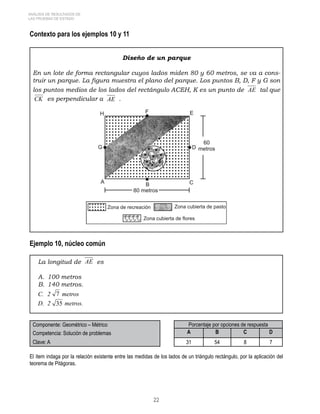 22 
ANÁLISIS DE RESULTADOS DE 
LAS PRUEBAS DE ESTADO 
Contexto para los ejemplos 10 y 11 
Diseño de un parque 
En un lote de forma rectangular cuyos lados miden 80 y 60 metros, se va a cons-truir 
un parque. La figura muestra el plano del parque. Los puntos B, D, F y G son 
los puntos medios de los lados del rectángulo ACEH, K es un punto de AE tal que 
CK es perpendicular a AE . 
Ejemplo 10, núcleo común 
La longitud de AE es 
A. 100 metros 
B. 140 metros. 
C. 2 7 metros 
D. 2 35 metros. 
Componente: Geométrico – Métrico Porcentaje por opciones de respuesta 
Competencia: Solución de problemas A B C D 
Clave: A 31 54 8 7 
El ítem indaga por la relación existente entre las medidas de los lados de un triángulo rectángulo, por la aplicación del 
teorema de Pitágoras. 
 