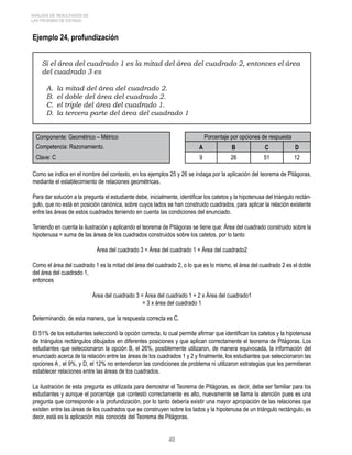 40 
ANÁLISIS DE RESULTADOS DE 
LAS PRUEBAS DE ESTADO 
Ejemplo 24, profundización 
Si el área del cuadrado 1 es la mitad del área del cuadrado 2, entonces el área 
del cuadrado 3 es 
A. la mitad del área del cuadrado 2. 
B. el doble del área del cuadrado 2. 
C. el triple del área del cuadrado 1. 
D. la tercera parte del área del cuadrado 1 
Componente: Geométrico – Métrico Porcentaje por opciones de respuesta 
Competencia: Razonamiento. A B C D 
Clave: C 9 26 51 12 
Como se indica en el nombre del contexto, en los ejemplos 25 y 26 se indaga por la aplicación del teorema de Pitágoras, 
mediante el establecimiento de relaciones geométricas. 
Para dar solución a la pregunta el estudiante debe, inicialmente, identificar los catetos y la hipotenusa del triángulo rectán-gulo, 
que no está en posición canónica, sobre cuyos lados se han construido cuadrados, para aplicar la relación existente 
entre las áreas de estos cuadrados teniendo en cuenta las condiciones del enunciado. 
Teniendo en cuenta la ilustración y aplicando el teorema de Pitágoras se tiene que: Área del cuadrado construido sobre la 
hipotenusa = suma de las áreas de los cuadrados construidos sobre los catetos, por lo tanto 
Área del cuadrado 3 = Área del cuadrado 1 + Área del cuadrado2 
Como el área del cuadrado 1 es la mitad del área del cuadrado 2, o lo que es lo mismo, el área del cuadrado 2 es el doble 
del área del cuadrado 1, 
entonces 
Área del cuadrado 3 = Área del cuadrado 1 + 2 x Área del cuadrado1 
= 3 x área del cuadrado 1 
Determinando, de esta manera, que la respuesta correcta es C. 
El 51% de los estudiantes seleccionó la opción correcta, lo cual permite afirmar que identifican los catetos y la hipotenusa 
de triángulos rectángulos dibujados en diferentes posiciones y que aplican correctamente el teorema de Pitágoras. Los 
estudiantes que seleccionaron la opción B, el 26%, posiblemente utilizaron, de manera equivocada, la información del 
enunciado acerca de la relación entre las áreas de los cuadrados 1 y 2 y finalmente, los estudiantes que seleccionaron las 
opciones A , el 9%, y D, el 12% no entendieron las condiciones de problema ni utilizaron estrategias que les permitieran 
establecer relaciones entre las áreas de los cuadrados. 
La ilustración de esta pregunta es utilizada para demostrar el Teorema de Pitágoras, es decir, debe ser familiar para los 
estudiantes y aunque el porcentaje que contestó correctamente es alto, nuevamente se llama la atención pues es una 
pregunta que corresponde a la profundización, por lo tanto debería existir una mayor apropiación de las relaciones que 
existen entre las áreas de los cuadrados que se construyen sobre los lados y la hipotenusa de un triángulo rectángulo, es 
decir, está es la aplicación más conocida del Teorema de Pitágoras. 
 