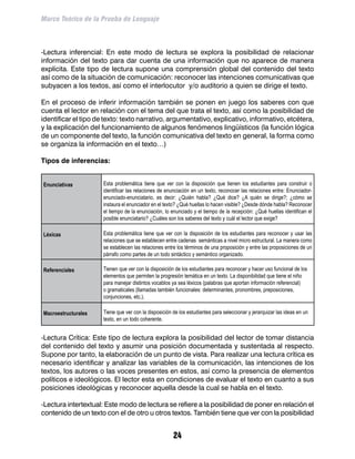 Marco Teórico de la Prueba de Lenguaje



-Lectura inferencial: En este modo de lectura se explora la posibilidad de relacionar
información del texto para dar cuenta de una información que no aparece de manera
explícita. Este tipo de lectura supone una comprensión global del contenido del texto
así como de la situación de comunicación: reconocer las intenciones comunicativas que
subyacen a los textos, así como el interlocutor y/o auditorio a quien se dirige el texto.

En el proceso de inferir información también se ponen en juego los saberes con que
cuenta el lector en relación con el tema del que trata el texto, así como la posibilidad de
identificar el tipo de texto: texto narrativo, argumentativo, explicativo, informativo, etcétera,
y la explicación del funcionamiento de algunos fenómenos lingüísticos (la función lógica
de un componente del texto, la función comunicativa del texto en general, la forma como
se organiza la información en el texto…)

Tipos de inferencias:


Enunciativas          Esta problemática tiene que ver con la disposición que tienen los estudiantes para construir o
                      identificar las relaciones de enunciación en un texto, reconocer las relaciones entre: Enunciador-
                      enunciado-enunciatario, es decir: ¿Quién habla? ¿Qué dice? ¿A quién se dirige?; ¿cómo se
                      instaura el enunciador en el texto? ¿Qué huellas lo hacen visible? ¿Desde dónde habla? Reconocer
                      el tiempo de la enunciación, lo enunciado y el tiempo de la recepción: ¿Qué huellas identifican el
                      posible enunciatario? ¿Cuáles son los saberes del texto y cuál el lector que exige?

Léxicas               Esta problemática tiene que ver con la disposición de los estudiantes para reconocer y usar las
                      relaciones que se establecen entre cadenas semánticas a nivel micro estructural. La manera como
                      se establecen las relaciones entre los términos de una proposición y entre las proposiciones de un
                      párrafo como partes de un todo sintáctico y semántico organizado.

Referenciales         Tienen que ver con la disposición de los estudiantes para reconocer y hacer uso funcional de los
                      elementos que permiten la progresión temática en un texto. La disponibilidad que tiene el niño
                      para manejar distintos vocablos ya sea léxicos (palabras que aportan información referencial)
                      o gramaticales (llamadas también funcionales: determinantes, pronombres, preposiciones,
                      conjunciones, etc.).

Macroestructurales    Tiene que ver con la disposición de los estudiantes para seleccionar y jerarquizar las ideas en un
                      texto, en un todo coherente.


-Lectura Crítica: Este tipo de lectura explora la posibilidad del lector de tomar distancia
del contenido del texto y asumir una posición documentada y sustentada al respecto.
Supone por tanto, la elaboración de un punto de vista. Para realizar una lectura crítica es
necesario identificar y analizar las variables de la comunicación, las intenciones de los
textos, los autores o las voces presentes en estos, así como la presencia de elementos
políticos e ideológicos. El lector esta en condiciones de evaluar el texto en cuanto a sus
posiciones ideológicas y reconocer aquella desde la cual se habla en el texto.

-Lectura intertextual: Este modo de lectura se refiere a la posibilidad de poner en relación el
contenido de un texto con el de otro u otros textos. También tiene que ver con la posibilidad


                                                       24
 