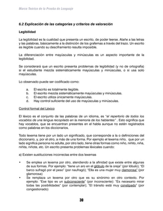 Marco Teórico de la Prueba de Lenguaje



6.2 Explicación de las categorías y criterios de valoración

Legibilidad

La legibilidad es la cualidad que presenta un escrito, de poder leerse. Atañe a las letras
y las palabras, básicamente a la distinción de los grafemas a través del trazo. Un escrito
es ilegible cuando su desciframiento resulta imposible.

La diferenciación entre mayúsculas y minúsculas es un aspecto importante de la
legibilidad.

Se considerará que un escrito presenta problemas de legibilidad (y no de ortografía)
si el estudiante mezcla sistemáticamente mayúsculas y minúsculas, o si usa solo
mayúsculas.

Lo observado puede ser codificado como:

     a.	   El escrito es totalmente ilegible.
     b.	   El escrito mezcla sistemáticamente mayúsculas y minúsculas.
     c.	   El escrito utiliza únicamente mayúsculas.
     d.	   Hay control suficiente del uso de mayúsculas y minúsculas.

Control formal del Léxico

El léxico es el conjunto de las palabras de un idioma, es “el repertorio de todos los
vocablos de una lengua recopilado en la memoria de los hablantes” . Esto significa que
hay vocablos, que se encuentran presentes en el habla aunque no estén registrados
como palabras en los diccionarios.

Todo lexema tiene por un lado un significado, que corresponde a la o definiciones del
diccionario, y, por el otro, a más de una forma. Por ejemplo el lexema niño, que por un
lado significa persona no adulta, por otro lado, tiene otras formas como niño, niñito, niña,
niñita, niñote, etc. Un escrito presenta problemas léxicales cuando:

a) Existen sustituciones incorrectas entre dos lexemas

•	 Se emplea un lexema por otro, atendiendo a la afinidad que existe entre algunas
   de sus formas. Por ejemplo: “tiene un aro en el glóbulo de la oreja” (por lóbulo); “El
   barco sufragó por el peso” (por naufragó); “Ella es una mujer muy clamorosa” (por
   glamorosa)
•	 Se remplaza un lexema por otro que es su sinónimo en otro contexto. Por
   ejemplo: “Ese tipo es un subconsciente” (por inconsciente): “Es necesario mirar
   todas las posibilidades” (por contemplar); “El tránsito está muy constipado” (por
   congestionado)


                                            30
 