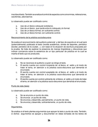 Marco Teórico de la Prueba de Lenguaje



inscribe el texto. También se analiza el control de aspectos como sinonimias, reiteraciones,
cacofonías, pleonasmos

Lo observado puede ser codificado como:

     a.	   Uso de un léxico coloquial (cotidiano).
     b.	   Uso de un léxico que oscila entre lo coloquial y lo formal.
     c.	   Uso de un léxico formal, sin suficiente control.
     d.	   Uso de un léxico formal, con suficiente control.

Reconocimiento de la práctica sociodiscursiva

Se evalúa el reconocimiento del auditorio potencial y del tipo de soporte en el cual será
(potencialmente) publicado el texto (revista académica, revista de deportes, periódico
escolar, periódico de la ciudad…), con base en la situación de escritura propuesta por
la prueba. Se trata de explorar la presencia de marcas lingüísticas y discursivas que
indican conciencia sobre la existencia de un tipo particular de práctica en la cual se
inserta el texto que es producido.

Lo observado puede ser codificado como:

     a.	   No se reconoce el auditorio a quien se dirige el texto.
     b.	   El escrito cuenta con control incipiente de: el léxico, el estilo y el modo de
           tratar el tema, en atención a la práctica socio-discursiva que demanda el
           enunciado.
     c.	   El escrito cuenta con control aceptable de: el léxico, el estilo y el modo de
           tratar el tema, en atención a la práctica socio-discursiva que demanda el
           enunciado.
     d.	   El escrito cuenta con control suficiente de: el léxico, el estilo y el modo de tratar
           el tema, en atención a la práctica socio-discursiva que demanda el enunciado.

Punto de vista (tesis)

Lo observado puede ser codificado como:

     a.	   No se enuncia un punto de vista.
     b.	   Se enuncia un punto de vista.
     c.	   Se enuncia y desarrolla, parcialmente, un punto de vista.
     d.	   Se enuncia y desarrolla, suficientemente, un punto de vista.

Argumentos.

Se analiza si el texto plantea argumentos que apoyan la tesis o punto de vista. También,
si dichos argumentos se apoyan y documentan en ideas tomadas de los textos de


                                              34
 