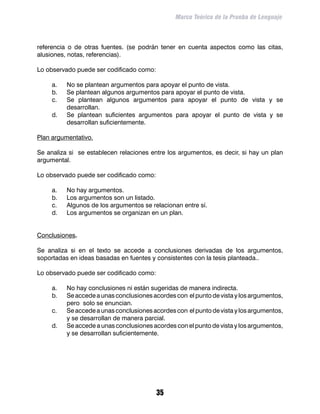 Marco Teórico de la Prueba de Lenguaje



referencia o de otras fuentes. (se podrán tener en cuenta aspectos como las citas,
alusiones, notas, referencias).

Lo observado puede ser codificado como:

     a.	   No se plantean argumentos para apoyar el punto de vista.
     b.	   Se plantean algunos argumentos para apoyar el punto de vista.
     c.	   Se plantean algunos argumentos para apoyar el punto de vista y se
           desarrollan.
     d.	   Se plantean suficientes argumentos para apoyar el punto de vista y se
           desarrollan suficientemente.

Plan argumentativo.

Se analiza si se establecen relaciones entre los argumentos, es decir, si hay un plan
argumental.

Lo observado puede ser codificado como:

     a.	   No hay argumentos.
     b.	   Los argumentos son un listado.
     c.	   Algunos de los argumentos se relacionan entre sí.
     d.	   Los argumentos se organizan en un plan.


Conclusiones.

Se analiza si en el texto se accede a conclusiones derivadas de los argumentos,
soportadas en ideas basadas en fuentes y consistentes con la tesis planteada..

Lo observado puede ser codificado como:

     a.	   No hay conclusiones ni están sugeridas de manera indirecta.
     b.	   Se accede a unas conclusiones acordes con el punto de vista y los argumentos,
           pero solo se enuncian.
     c.	   Se accede a unas conclusiones acordes con el punto de vista y los argumentos,
           y se desarrollan de manera parcial.
     d.	   Se accede a unas conclusiones acordes con el punto de vista y los argumentos,
           y se desarrollan suficientemente.




                                          35
 