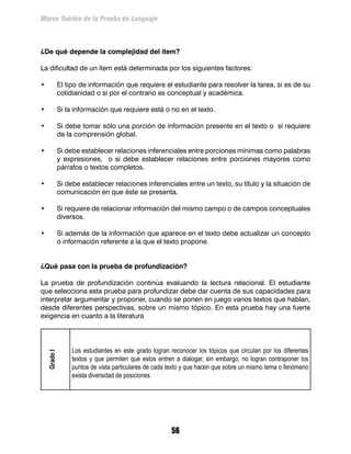Marco Teórico de la Prueba de Lenguaje



¿De qué depende la complejidad del ítem?

La dificultad de un ítem está determinada por los siguientes factores:

•	             El tipo de información que requiere el estudiante para resolver la tarea, si es de su
               cotidianidad o si por el contrario es conceptual y académica.

•	             Si la información que requiere está o no en el texto.

•	             Si debe tomar sólo una porción de información presente en el texto o si requiere
               de la comprensión global.

•	             Si debe establecer relaciones inferenciales entre porciones mínimas como palabras
               y expresiones, o si debe establecer relaciones entre porciones mayores como
               párrafos o textos completos.

•	             Si debe establecer relaciones inferenciales entre un texto, su título y la situación de
               comunicación en que éste se presenta.

•	             Si requiere de relacionar información del mismo campo o de campos conceptuales
               diversos.

•	             Si además de la información que aparece en el texto debe actualizar un concepto
               o información referente a la que el texto propone.


¿Qué pasa con la prueba de profundización?

La prueba de profundización continúa evaluando la lectura relacional. El estudiante
que selecciona esta prueba para profundizar debe dar cuenta de sus capacidades para
interpretar argumentar y proponer, cuando se ponen en juego varios textos que hablan,
desde diferentes perspectivas, sobre un mismo tópico. En esta prueba hay una fuerte
exigencia en cuanto a la literatura




                    Los estudiantes en este grado logran reconocer los tópicos que circulan por los diferentes
     Grado I




                    textos y que permiten que estos entren a dialogar, sin embargo, no logran contraponer los
                    puntos de vista particulares de cada texto y que hacen que sobre un mismo tema o fenómeno
                    exista diversidad de posiciones.




                                                         56
 