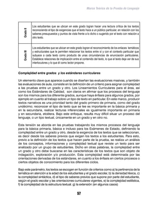 Marco Teórico de la Prueba de Lenguaje




               Los estudiantes que se ubican en este grado logran hacer una lectura crítica de los textos
               reconociendo el tipo de exigencias que el texto hace a un público particular, en relación con los
   Grado II

               saberes presupuestos y puntos de vista frente a lo dicho o sugerido por el texto con relación a
               otro texto.


               Los estudiantes que se ubican en este grado logran el reconocimiento de los enlaces temáticos
               y estructurales que le permiten relacionar los textos entre sí y con el contexto particular que
   Grado III




               subyace a cada texto como producto de unas circunstancias de enunciación particulares.
               Establece relaciones de implicación entre el contenido del texto, lo que el texto deja ver de sus
               interlocutores y lo que él como lector propone.


Complejidad entre grados y los estándares curriculares

Un elemento clave que aparece cuando se diseñan las evaluaciones masivas, y también
las evaluaciones de aula, consiste en la definición de un criterio para asignar complejidad
a las pruebas entre un grado y otro. Los Lineamientos Curriculares para el área, así
como los Estándares de Calidad, son claros en afirmar que los procesos del lenguaje
son los mismos para los diferente grados, aunque haya énfasis para algunos grados, por
ejemplo en cuanto al trabajo sobre un tipo de texto en particular. En este marco, producir
textos narrativos es una prioridad tanto del grado primero de primaria, como del grado
undécimo; reconocer el tipo de texto que se lee es importante en la básica primaria y
en la secundaria, realizar lecturas inferenciales es igualmente importante en primaria
y en secundaria, etcétera. Bajo este enfoque, resulta muy difícil situar un proceso del
lenguaje, o un tipo textual, únicamente en un grado y en otro no.

Esta tensión se aborda en las pruebas trabajando los mismos procesos del lenguaje
para la básica primaria, básica e incluso para los Exámenes de Estado, definiendo la
complejidad entre un grado y otro, desde la exigencia de los textos que se seleccionan,
es decir desde los saberes previos que exigen los textos a los estudiantes. Para esto,
previo a la definición de los textos que hacen parte de la prueba, se realiza un análisis
de los conceptos, informaciones y complejidad textual que reviste un texto para ser
analizado por un grupo de estudiantes. Dicho en otras palabras, la complejidad entre
un grado y otro debe buscarse en las características de los textos que son objeto de
indagación, exploración y/o producción. Esta complejidad está determinada por las
orientaciones derivadas de los estándares, en cuanto a los énfasis en ciertos procesos o
ciertos objetos de conocimiento para los diferentes ciclos.

Bajo este parámetro, los textos se escogen en función de criterios como a) la pertinencia de la
temática en atención a la edad de los estudiantes y el grado escolar, b) la densidad léxica, c)
la complejidad sintáctica, d) el tipo de saberes previos que supone por parte del estudiante,
según el grado escolar y las orientaciones curriculares vigentes, e) la complejidad estilística,
f) la complejidad de la estructura textual. g) la extensión (en algunos casos)


                                                       57
 