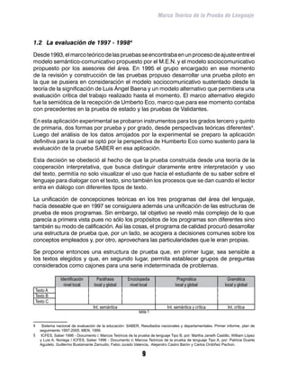 Marco Teórico de la Prueba de Lenguaje



1.2	 La evaluación de 1997 - 1998
Desde 1993, el marco teórico de las pruebas se encontraba en un proceso de ajuste entre el
modelo semántico-comunicativo propuesto por el M.E.N. y el modelo sociocomunicativo
propuesto por los asesores del área. En 1995 el grupo encargado en ese momento
de la revisión y construcción de las pruebas propuso desarrollar una prueba piloto en
la que se pusiera en consideración el modelo sociocomunicativo sustentado desde la
teoría de la significación de Luis Ángel Baena y un modelo alternativo que permitiera una
evaluación crítica del trabajo realizado hasta el momento. El marco alternativo elegido
fue la semiótica de la recepción de Umberto Eco, marco que para ese momento contaba
con precedentes en la prueba de estado y las pruebas de Validantes.

En esta aplicación experimental se probaron instrumentos para los grados tercero y quinto
de primaria, dos formas por prueba y por grado, desde perspectivas teóricas diferentes.
Luego del análisis de los datos arrojados por la experimental se preparo la aplicación
definitiva para la cual se optó por la perspectiva de Humberto Eco como sustento para la
evaluación de la prueba SABER en esa aplicación.

Esta decisión se obedeció al hecho de que la prueba construida desde una teoría de la
cooperación interpretativa, que busca distinguir claramente entre interpretación y uso
del texto, permitía no solo visualizar el uso que hacia el estudiante de su saber sobre el
lenguaje para dialogar con el texto, sino también los procesos que se dan cuando el lector
entra en diálogo con diferentes tipos de texto.

La unificación de concepciones teóricas en los tres programas del área del lenguaje,
hacía deseable que en 1997 se consiguiera además una unificación de las estructuras de
prueba de esos programas. Sin embargo, tal objetivo se reveló más complejo de lo que
parecía a primera vista pues no sólo los propósitos de los programas son diferentes sino
también su modo de calificación. Así las cosas, el programa de calidad procuró desarrollar
una estructura de prueba que, por un lado, se acogiera a decisiones comunes sobre los
conceptos empleados y, por otro, aprovechara las particularidades que le eran propias.

Se propone entonces una estructura de prueba que, en primer lugar, sea sensible a
los textos elegidos y que, en segundo lugar, permita establecer grupos de preguntas
considerados como cajones para una serie indeterminada de problemas.

               Identificación       Paráfrasis        Enciclopedia                Pragmática                   Gramática
                 nivel local      local y global       nivel local               local y global              local y global
 Texto A
 Texto B
 Texto C
                                  Int. semántica                            Int. semántica y crítica           Int. crítica
                                                            tabla 1


	  Sistema nacional de evaluación de la educación: SABER, Resultados nacionales y departamentales. Primer informe, plan de
   seguimiento 1997-2005. MEN, 1999.
	 ICFES, Saber 1996 - Documento i; Marcos Teóricos de la prueba de lenguaje Tipo B, por: Martha Janeth Castillo, William López
   y Luis A. Noriega / ICFES, Saber 1996 - Documento ii; Marcos Teóricos de la prueba de lenguaje Tipo A, por: Patricia Duarte
   Agudelo, Guillermo Bustamante Zamudio, Fabio Jurado Valencia, Alejandro Castro Barón y Carlos Ordóñez Pachon.

                                                              
 