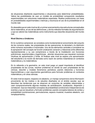 Marco Teórico de las Pruebas de Matemáticas



de situaciones diseñando experimentos o situaciones para determinar probabilidades.
Valore las posibilidades de usar un modelo de probabilidad comparando resultados
experimentales con soluciones matemáticas esperadas. Realice predicciones con base
en probabilidades experimentales o teóricas y reconozca el uso de la probabilidad en el
mundo real.

Es deseable que en este nivel se dé un primer acercamiento a las estructuras conceptuales
de la matemática, al uso de las definiciones, y de los métodos formales de argumentación
y que se valoren las matemáticas como instrumento que describe situaciones del mundo
real.

Nivel Décimo a Undécimo

En lo numérico-variacional, se considera como fundamental el conocimiento del conjunto
de los números reales, las propiedades de las operaciones, la densidad y la distinción
entre números racionales e irracionales. Uno de los elementos centrales a considerar es
la apropiación del concepto de función analizando variación y relaciones entre diferentes
representaciones y su uso comprensivo a través de la modelación con funciones
polinómicas, exponenciales y logarítmicas, abordar situaciones que requieran nociones
intuitivas de aproximación y límite. Al finalizar este nivel se espera una aproximación
del estudiante a la noción de derivada como razón de cambio instantánea en contextos
matemáticos y no matemáticos.

En lo referente a la geometría, en este nivel juega un papel importante el identificar
propiedades de las curvas, resolver problemas en donde se usen propiedades de las
cónicas, describir y modelar fenómenos periódicos usando relaciones y funciones
trigonométricas y usar argumentos geométricos para formular problemas en contextos
matemáticos y en otras ciencias.

En este nivel se espera, respecto a lo aleatorio, un manejo comprensivo de la información
proveniente de los medios o de estudios diseñados en el ámbito escolar, que se
describan las tendencias que se observen en conjuntos de variables relacionadas y
usen comprensivamente algunas medidas de centralización, localización, dispersión y
correlación. Que se interpreten conceptos de probabilidad condicional e independencia de
eventos y que se resuelvan y formulen problemas usando conceptos básicos de conteo y
probabilidad (combinaciones, permutaciones, espacio muestral, muestreo aleatorio, con
remplazamiento).




                                           29
 