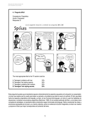 12 
ANÁLISIS DE RESULTADOS DE 
LAS PRUEBAS DE ESTADO 
4. Pregunta difícil 
Competencia: Pragmática 
Acción: Propositiva 
Respuesta: D 
The most appropriate title for the TV section could be: 
A. Teenagers’ problems with hair. 33% 
B. Teenagers’ hair styling reasons. 24% 
C. Teenagers’ problems with mothers. 20% 
D. Teenagers’ hair styling secrets. 23% 
Esta pregunta buscaba que el estudiante siguiera coherentemente los aspectos expuestos en la situación (un presentador, 
un joven que explica qué ha usado para lograr su peinado y el problema que éste le causó a la señora). El ítem apuntaba 
hacia los aspectos pragmáticos del lenguaje, es decir, al uso funcional del lenguaje y al cómo lo usan los hablantes en 
situaciones y contextos comunicativos específicos (Bachman: 1990). En el contexto particular del Ítem, y en el plano de la 
competencia estratégica, el estudiante debía comprende rasgos funcionales del lenguaje. Debía comprender las ideas y 
emociones expresadas por el joven y su mamá y además, poner en evidencia la función imaginativa, es decir ser creativo 
y proponer el título que mejor correspondiera al contenido del texto. 
 