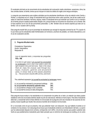 15 
ANÁLISIS DE RESULTADOS DE 
LAS PRUEBAS DE ESTADO 
El vocabulario del texto es de conocimiento de los estudiantes de la educación media colombiana: vacaciones, clima, las 
tres comidas diarias, la familia, temas que se incluyen en todos los sílabos de inglés como lengua extranjera. 
La pregunta que presentamos para análisis solicitaba que los estudiantes identificaran el tipo de relación entre Camilo y 
Andrea. La respuesta es la A: amiga. El estudiante tenía que discriminar entre cuatro opciones, tres de las cuales se ba-saban 
en relaciones familiares: hermana, esposa, madre. El estudiante tenía que entender que Camilo no es un miembro 
de la familia porque la tarjeta postal estaba dirigida a él y porque Andrea se encuentra de vacaciones con su familia. Ella 
lo hace explícito con el uso de dos pronombres personales: I y We. También dice de manera explícita que está con su 
familia: I am on vacation with my family. 
Esta pregunta resultó fácil ya que el porcentaje de estudiantes que escogió la respuesta correcta fue de 71% (opción A) 
lo que indica que los estudiantes están familiarizados con la lectura y escritura de postales, con textos descriptivos y con 
el uso de vocabulario sencillo. 
2. Pregunta dificultad media 
Competencia: Organizativa 
Acción: Interpretativa 
Respuesta: B 
The underlined expression Let yourself be enchanted by landscapes means: 
A. Let yourself be motivated by amusement buildings. 26% 
B. Let yourself be attracted by splendid views. 34% 
C. Let yourself be unhappy to see a paradise. 25% 
D. Let yourself be anxious to take photographs. 15% 
Esta pregunta busca evaluar a los estudiantes en la comprensión de partes de un texto y la relación que éstos puedan 
establecer entre dos enunciados distintos desde el punto de vista lexical, referidos al mismo tópico. Para ello el estudiante 
debe leer y comprender tanto la frase referida en el enunciado de la pregunta como las incluidas en las opciones de res-puesta 
y buscar aquella que resulta más cercana al sentido de la incluida en el enunciado. 
En un enunciado como el que se presenta, más que pretender hacer una traducción, hay que hallarle el sentido en el 
contexto en el se produce. Con esta pregunta se busca que el estudiante evidencie una interpretación del texto. La opción 
que fue seleccionada después de la correcta, corresponde a la A (26%). Una de las razones que pueden sustentar este 
hecho es que posiblemente el estudiante pudo haber pensado que un sinónimo de landscapes es building y la vio como 
 