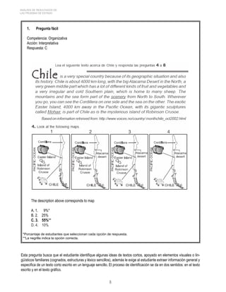 ANÁLISIS DE RESULTADOS DE 
LAS PRUEBAS DE ESTADO 
1. Pregunta fácil 
Competencia: Organizativa 
Acción: Interpretativa 
Respuesta: C 
The description above corresponds to map 
A. 1. 9%* 
B. 2. 25% 
C. 3. 5%** 
D. 4. 10% 
*Porcentaje de estudiantes que seleccionan cada opción de respuesta. 
**La negrilla indica la opción correcta. 
Esta pregunta busca que el estudiante identifique algunas ideas de textos cortos, apoyado en elementos visuales o lin-güísticos 
familiares (cognados, estructuras y léxico sencillos), además le exige al estudiante extraer información general y 
especifica de un texto corto escrito en un lenguaje sencillo. El proceso de identificación se da en dos sentidos: en el texto 
escrito y en el texto gráfico. 
 