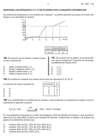 5                                     AC - 002 - 112
                                                                                                     I
RESPONDA LAS PREGUNTAS 12 Y 13 DE ACUERDO CON LA SIGUIENTE INFORMACIÓN

Se aumenta la temperatura a una muestra de n-decanol. La gráfica describe el proceso en función del
tiempo a una atmósfera de presión




12. De acuerdo con lo anterior, cambia el esta-        13. De acuerdo con la gráfica, es correcto afir-
do del n-decanol de                                    mar que la muestra de n-decanol se encuentra
                                                       completamente líquida entre

A.    sólido a líquido entre t1 y t2                   A.    t0 y t1
B.    líquido a gaseoso entre t3 y t4                  B.    t1 y t2
C.    líquido a sólido entre t0 y t1                   C.    t2 y t3
D.    sólido a líquido entre t3 y t4                   D.    t4 y t5

14. En la tabla se muestran los valores de pH para las soluciones P, Q, R y S

La solución de mayor basicidad es             SUSTANCIA     pH

                                                   P        7
A.    P
                                                   Q        12
B.    Q                                            R        2
C.    R                                            S        9
D.    S

15. Los carbohidratos se transforman en energía y otros productos en presencia de oxígeno como lo
representa la siguiente ecuación

                             Luz
      C6H12O6 + 602                       6CO2 + 6H2O + Energía
                           Ultravioleta

En una atmósfera compuesta en un 80% de Hidrógeno y 20% de Dióxido de Carbono, y que permite el
paso de la luz ultravioleta; se tiene una cantidad de Glucosa. Transcurrido un tiempo y al analizar los
gases de la atmósfera se tiene que:

A.    contiene 20% de CO2, 40% de H2O y 40% de H2
B.    contiene 10% de CO2, 10% de H2O y 80% de H2
C.    contiene 40% de CO2, 20% de H2O y 40% de H2
D.    contiene 20% de CO2 y 80% de H2
 