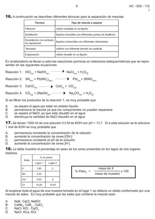 6                                              AC - 002 - 112
                                                                                                                                    I

16. A continuación se describen diferentes técnicas para la separación de mezclas
                            Técnica                                 Tipo de mez cla a separar

                   Filtración                         sólido insoluble en un líquido

                   Destilación                        líquidos miscibles con diferentes puntos de ebullición

                   Decantación con embudo
                                                      líquidos inmiscibles con diferentes densidades
                   de separación

                   Tamizado                           sólidos con diferente tamaño de partícula

                   Evaporación                        sólido disuelto en un líquido

En el laboratorio se llevan a cabo las reacciones químicas en relaciones estequiométricas que se repre-
sentan en las siguientes ecuaciones:

Reacción 1: HCl(ac) + NaOH(ac)                                 NaCl(ac) + H2O(R)

Reacción 2: 2Kl(ac) + Pb(NO3)2(ac)                                   Pbl2(s) + 2KNO3(ac)

Reacción 3: CaCO3(s)                                CaO(s) + CO2(g)

Reacción 4: CO2(g) + 2NaOH(ac)                                    Na2CO3(s) + H2O(R)

Si se filtran los productos de la reacción 1, es muy probable que
A.    se separe el agua por estar en estado líquido
B.    permanezca la mezcla ya que los componentes no pueden separarse
C.    se separe el NaCl, ya que está disuelto en el agua
D.    disminuya la cantidad de NaCl disuelto en el agua
17. Se tienen 1000 ml de una solución 0,5 M de KOH con pH = 13,7. Si a esta solución se le adiciona
1 mol de KOH es muy probable que
A.    permanezca constante la concentración de la solución
B.    aumente la concentración de iones [OH_]
C.    permanezca constante el pH de la solución
D.    aumente la concentración de iones [H+]
18. La tabla muestra el porcentaje en peso de los iones presentes en los lagos de dos lugares
distintos.
                                   % e n p e so s
               Iones
                            Lugar 1         Lugar 2

           K   +
                                3,90            0                                           masa de X
                                                                       % Pesox =                               x 100
           Na      +
                                2,30                                                     masa de muestra
           Ca++                 4,00            0

           Cl  +
                                14,20         10,65

Al evaporar toda el agua de una muestra tomada en el lugar 1 se obtiene un sólido conformado por una
mezcla de sales. Es muy probable que las sales que contiene la mezcla sean

A.    NaK, CaCl2 NaKCl
B.    CaNa2, CaK2 , CaCl2
C.    NaCl, KCl , CaCl2
D.    NaCl, KCa, KCl
 
