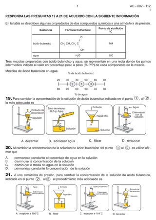 7                                     AC - 002 - 112
                                                                                                    I
RESPONDA LAS PREGUNTAS 19 A 21 DE ACUERDO CON LA SIGUIENTE INFORMACIÓN

En la tabla se describen algunas propiedades de dos compuestos químicos a una atmósfera de presión.
                                                                 Punto de ebullición
                          Sustancia      Fórmula Estructural
                                                                         ºC

                                                           O
                                                      //
                   ácido butanoíco    CH3 CH2 CH2 C                     164
                                                      
                                                           OH

                   agua                         H2O                     100

Tres mezclas preparadas con ácido butanoíco y agua, se representan en una recta donde los puntos
intermedios indican el valor en porcentaje peso a peso (% P/P) de cada componente en la mezcla.
Mezclas de ácido butanoíco en agua.




19. Para cambiar la concentración de la solución de ácido butanoíco indicada en el punto   â , al ã ,
lo más adecuado es




20. Al cambiar la concentración de la solución de ácido butanoíco del punto   â, al ã, es válido afir-
mar que
A.    permanece constante el porcentaje de agua en la solución
B.    disminuye la concentración de la solución
C.    disminuye la masa de agua en la solución
D.    permanece constante la concentración de la solución

21. A una atmósfera de presión, para cambiar la concentración de la solución de ácido butanoíco,
indicada en el punto ã
                     , al     ä
                             el procedimiento más adecuado es
 