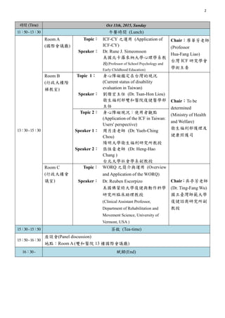 2
rg (Time) Oct 11th, 2015, Sunday
1150-1330 ͕rg (Lunch)
1330-1530
Room A
(Hhd)
Topic ICF-CY ֮\ (Application of
ICF-CY)
ChairAώ
(Professor
Hua-Fang Liao)
̨ ICF оW
Wgί
Speaker Dr. Rune J. Simeonsson
_{WWϵ
(Professor of School Psychology and
Early Childhood Education)
Room B
(A
ݽ)
Topic 1 ϵKąĬFr
(Current status of disability
evaluation in Taiwan)
ChairTo be
determined
(Ministry of Health
and Welfare)
lo
o˾
Speaker N (Dr. Tsan-Hon Liou)
lptԺͽtW

Topic 2 ϵKFrʹ^c
(Application of the ICF in Taiwan:
Users' perspective)
Speaker 1 ώ (Dr. Yueh-Ching
Chou)
Wlо
Speaker 2 aώ (Dr. Heng-Hao
Chang )
̨WWϵ
Room C
(Ǖ
h)
Topic WORQ ֮c\ (Overview
and Application of the WORQ)
Chairͤώ
(Dr. Ting-Fang Wu)
_W
ͽJо

Speaker Dr. Reuben Escorpizo
شWͽcƌW
оR
(Clinical Assistant Professor,
Department of Rehabilitation and
Movement Science, University of
Vermont, USA )
1530-1550 蔢 (Tea-time)
1550-1630
Մ(Panel discussion)
cRoom A (ptԺ 13 ǇHhd)
1630- xw(End)
 