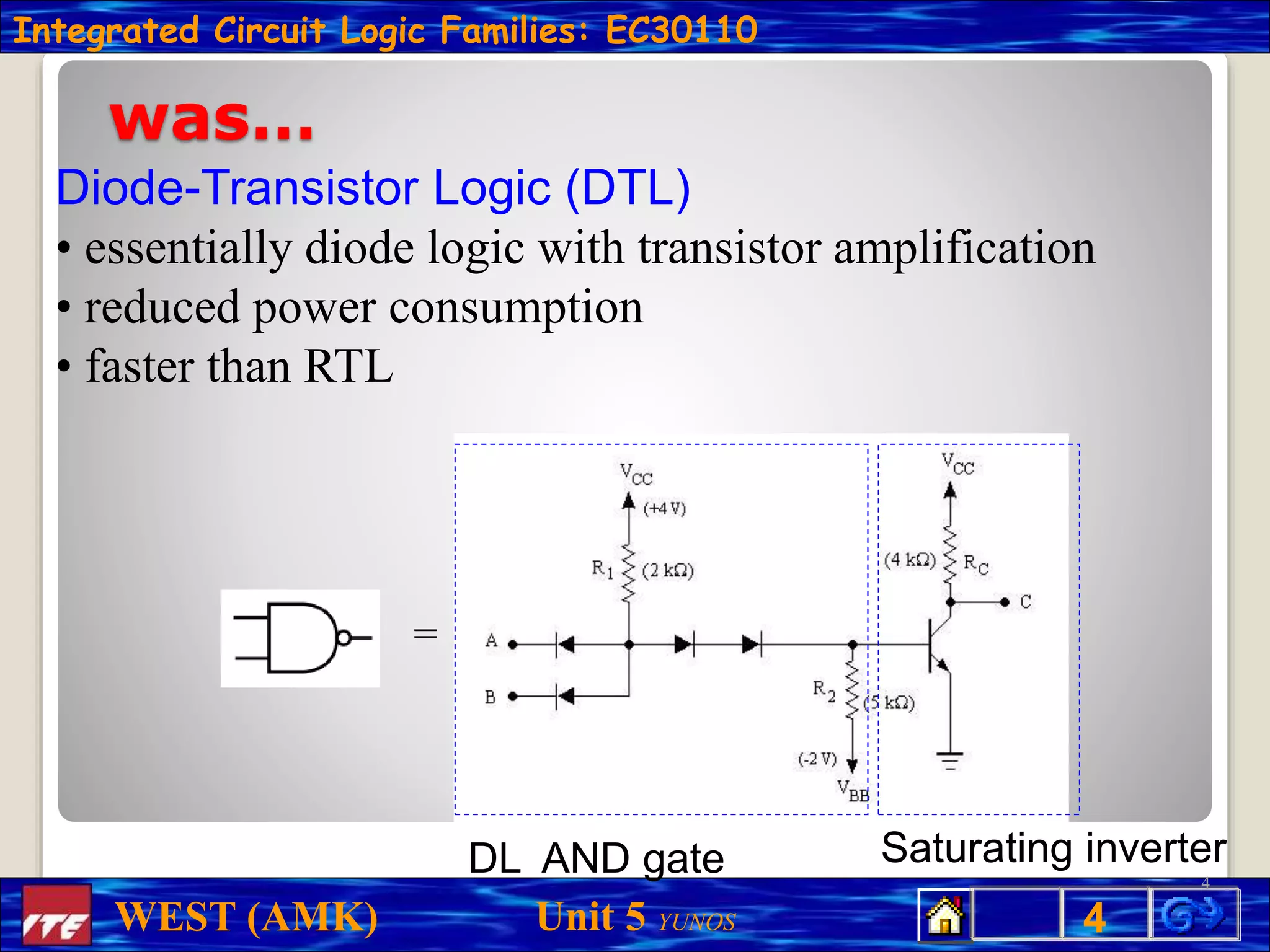 Integrated Circuit Logic Families: EC30110
4
WEST (AMK) Unit 5 YUNOS
was…
=
Diode-Transistor Logic (DTL)
• essentially diode logic with transistor amplification
• reduced power consumption
• faster than RTL
DL AND gate Saturating inverter
4
 