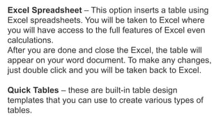 Excel Spreadsheet – This option inserts a table using
Excel spreadsheets. You will be taken to Excel where
you will have access to the full features of Excel even
calculations.
After you are done and close the Excel, the table will
appear on your word document. To make any changes,
just double click and you will be taken back to Excel.
Quick Tables – these are built-in table design
templates that you can use to create various types of
tables.
 
