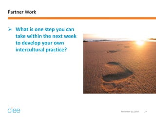 Partner Work 
What is one step you can take within the next week to develop your own intercultural practice? 
November 23...