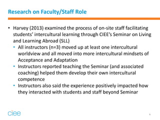 Research on Faculty/Staff Role 
•Harvey (2013) examined the process of on-site staff facilitating students’ intercultural ...