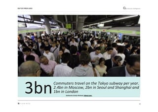 11"
Cultural"intelligence"OUT*OF*SYNCH*LIVES*
Commuters)travel)on)the)Tokyo)subway)per)year.)
2.4bn)in)Moscow,)2bn)in)Seoul)and)Shanghai)and)
1bn)in)London)3bn"" Katherine&Schulz&Richard,&About.com&&
 